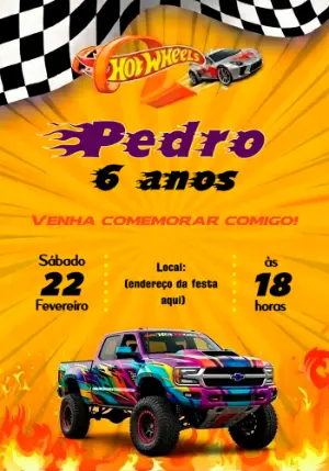 Convite de Aniversário Hot Wheels com Carros para Editar Online