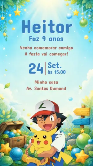 Convite de Aniversário Pokémon Editável com Ash e Pikachu