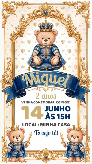 Convite Digital Ursinho Príncipe Real Editável para Aniversário