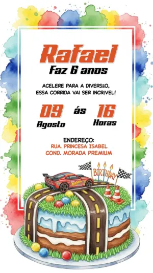 Convite de Aniversário Carros de Corrida Editável Online