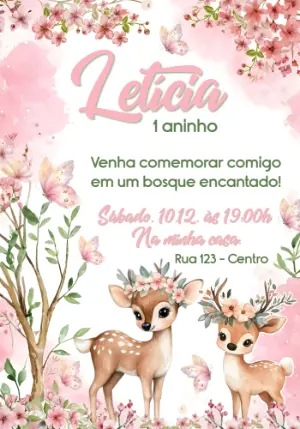 Convite Aniversário Bosque Encantado Cervo Rosa Editável