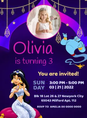Aladdin & Jasmine Birthday Invitation Editable Template