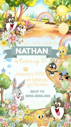 Cute Baby Looney Tunes Birthday Invitation, Editable Template