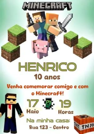 Convite de Aniversário Minecraft para Editar e Enviar