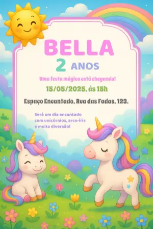 Convite de Aniversário Unicórnio Fofo para Editar Online