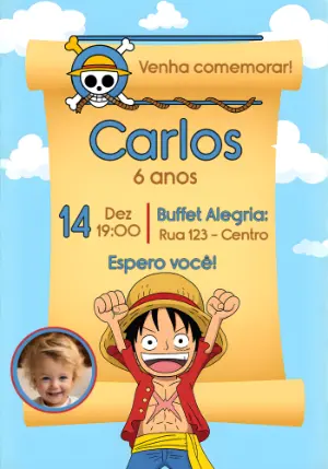 Convite de Aniversário One Piece com Foto para Editar Online
