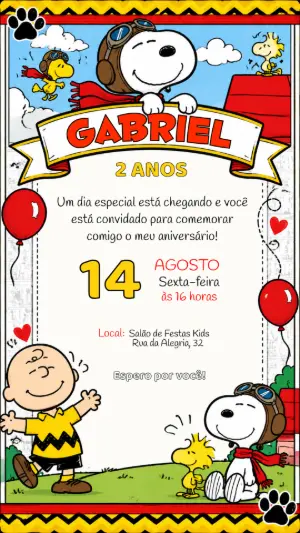 Convite de Aniversário Snoopy Aviador | Modelo Digital Editável
