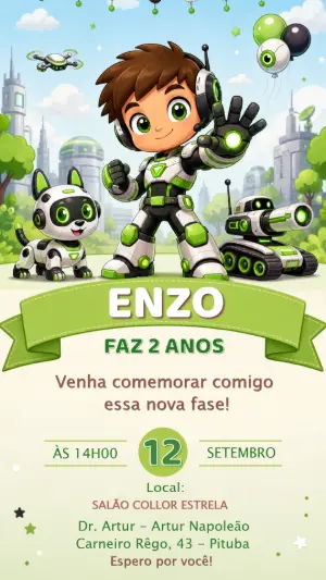 Convite de Aniversário Robô e Super Herói Futurista Editável