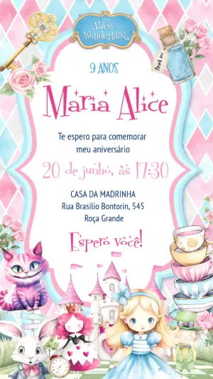 Convite Digital Alice no País das Maravilhas Aquarela Editável