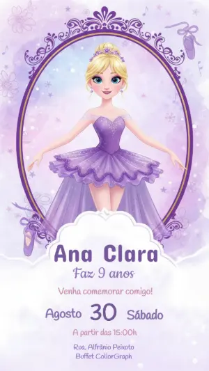 Convite Digital Aniversário Tema Bailarina Roxo Editável