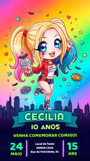 Convite de Aniversário Arlequina Chibi Editável
