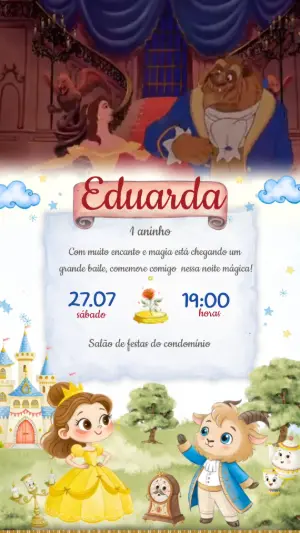 Convite Animado A Bela e a Fera Fofo para Editar