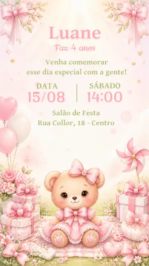Convite de Aniversário Ursinha Rosa Modelo Editável
