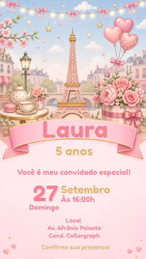 Convite Aniversário Paris Rosa Editável para Menina