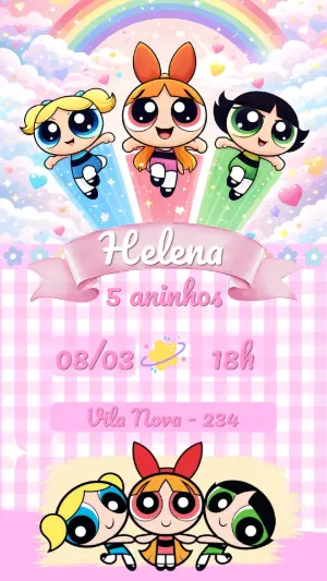 Convite de Aniversário Meninas Super Poderosas Voando Editável