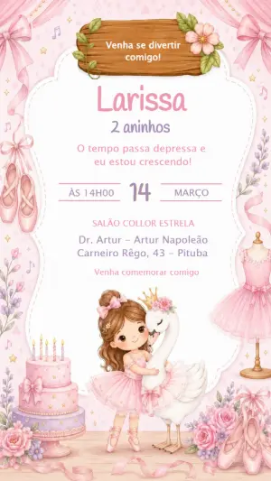 Convite de Aniversário Bailarina e Cisne Aquarela Editável