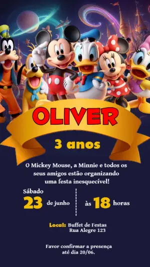 Convite de Aniversário Mickey e Turma Espacial Modelo Editável