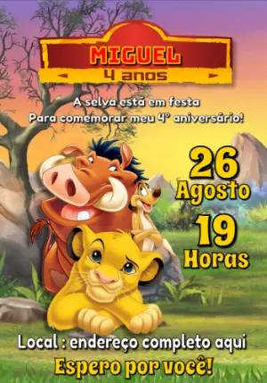 Convite de Aniversário Rei Leão com Simba para Editar Online