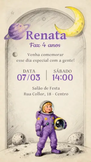 Convite de Aniversário Astronauta Menina Editável