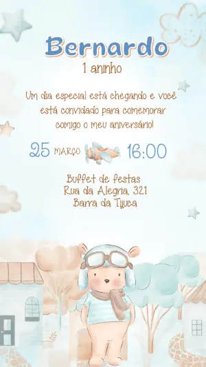 Convite de Aniversário Ursinho Aviador Aquarela Editável