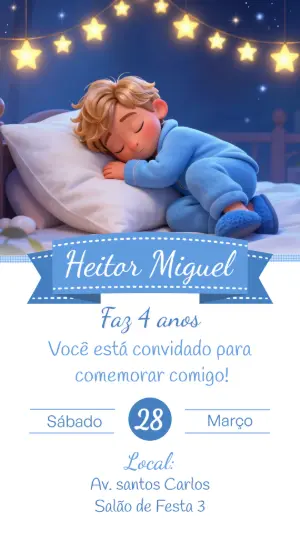 Convite de Aniversário Festa do Pijama Menino Editável