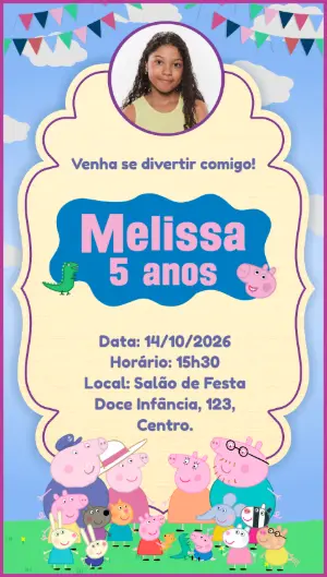 Convite de Aniversário Peppa Pig com Foto para Editar