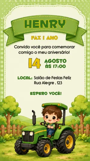 Convite de Aniversário Trator John Deere Infantil para Editar