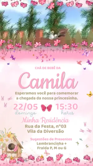 Vídeo Convite Chá de Bebê Menina Jardim das Borboletas Editável