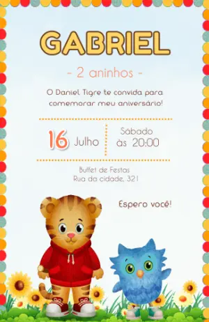 Convite de Aniversário Daniel Tigre Colorido para Editar