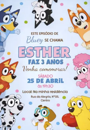Convite de Aniversário Bluey e Amigos Colorido para Editar