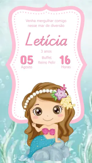 Convite de Aniversário Sereia Fofa Rosa e Azul para Editar
