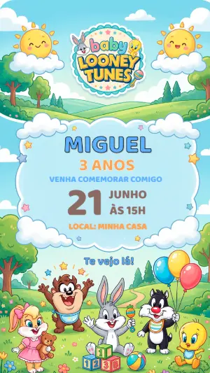 Convite Infantil Baby Looney Tunes Colorido para Editar