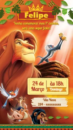 Convite de Aniversário Rei Leão Editável para Festa Infantil