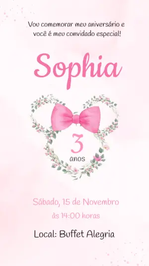 Convite de Aniversário Minnie Rosa Floral para Editar Online