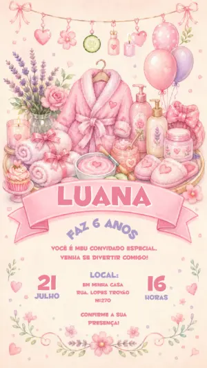 Convite de Aniversário Spa Day Rosa Aquarela para Editar