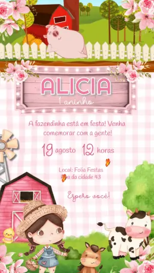 Vídeo Convite Animado Fazendinha Rosa para Aniversário Editável