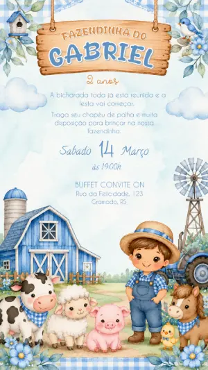 Convite de Aniversário Fazendinha Menino Azul Editável