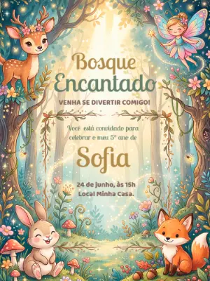 Convite Editável Aniversário Bosque Encantado com Animais