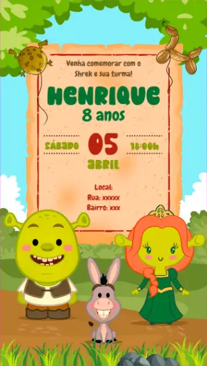 Convite de Aniversário Shrek e sua Turma para Editar Online