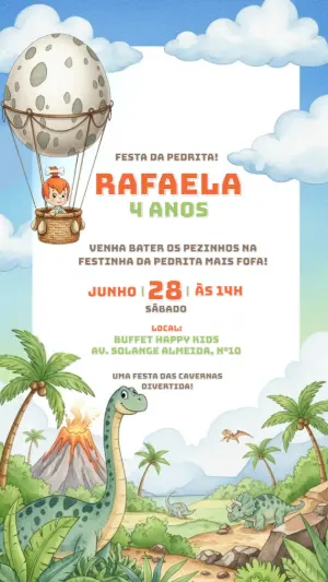 Convite Digital Aniversário Pedrita e Dinossauros Editável