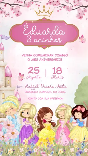 Convite Digital Aniversário Princesas da Disney Aquarela Editável