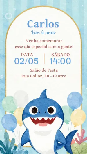 Convite de Aniversário Baby Shark Fundo do Mar Editável