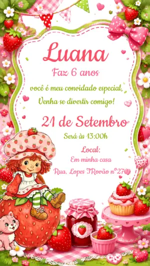 Convite de Aniversário Moranguinho Rosa para Editar