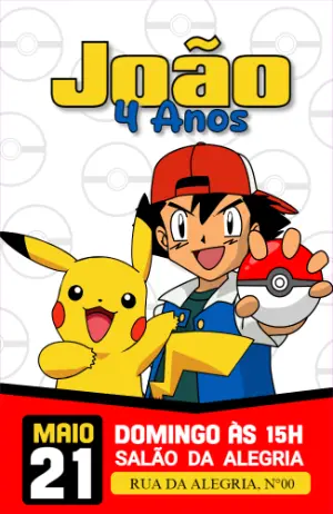 Convite de Aniversário Pokémon com Ash e Pikachu para Editar