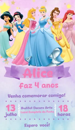 Convite Aniversário Princesas da Disney para Editar Online
