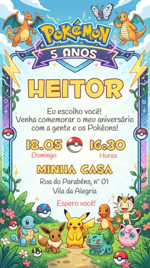Convite de Aniversário Pokémon Colorido para Editar