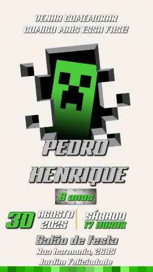 Convite de Aniversário Minecraft com Creeper para Editar Online