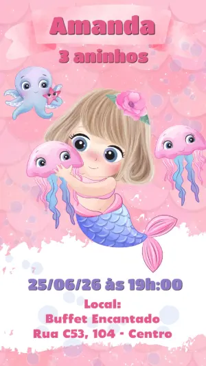 Convite de Aniversário Sereia Aquarela Editável