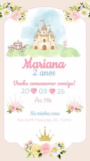 Convite Aniversário Princesa com Castelo para Editar Online
