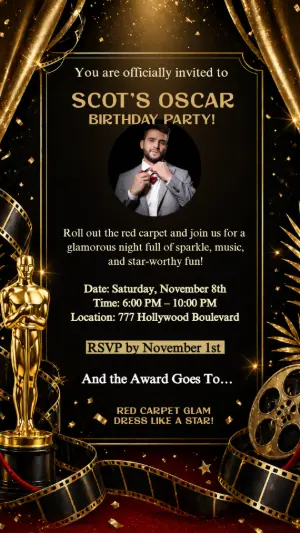 Elegant Hollywood Oscar Birthday Party Invite - Editable Template